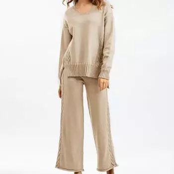 Осенне-зимний утолщенный трикотажный свитер, женский спортивный костюм, однотонный свитер с V-образным вырезом, эластичные брюки, костюмы, трикотажный комплект из двух предметов One size чёрный