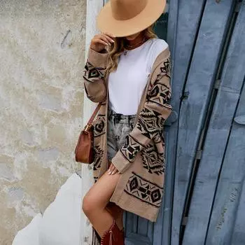 Осенне-зимний утягивающий ромб большого размера свитер длинное пальто S коричневый