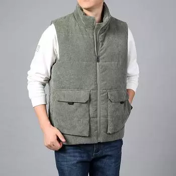 Осенне-зимний вельветовый жилет мужской флисовый утолщенный свободный большой размер с воротником-стойкой повседневный жилет M хаки