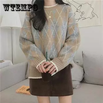 Осенне-зимний винтажный клетчатый свитер с ромбами, женский толстый теплый свободный пуловер, свитер, топы, нижняя одежда/верхняя одежда S