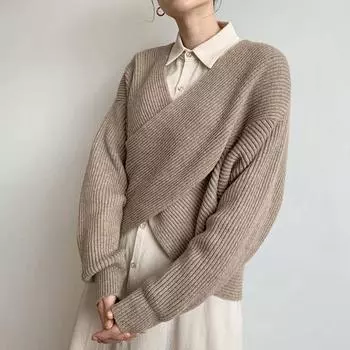 Осенне-зимний винтажный свитер с крестом и V-образным вырезом, женские модные вязаные топы, свободные базовые пуловеры One Size хаки