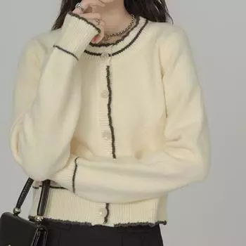 Осенне-зимний винтажный свободный свитер, универсальный цветной контрастный вязаный кардиган с круглым вырезом и длинными рукавами, женское пальто One Size бежевый