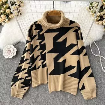 Осенне-зимний винтажный темпераментный свободный свитер с длинным рукавом и высоким воротом нерегулярной формы, куртка-свитер для отдыха