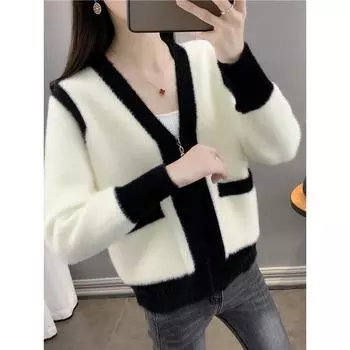 Осенне-зимний воротник из искусственной норки с инкрустацией из цветного бархата, вязаный кардиган, свитер, женское пальто, цветная инкрустация, молния с V-образным вырезом, повседневный, модный one size белый