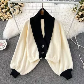 Осенне-зимний вязаный кардиган из норкового флиса, французский маленький ароматный стиль, контрастный цвет, v-образный вырез, мягкий восковой свитер, куртка One Size белый