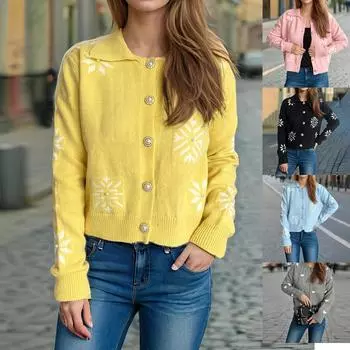 Осенне-зимний вязаный кардиган с бисером для женщин со снежинками на лацканах, свежий и милый стиль, мягкие и липкие длинные рукава, универсальный свитер L чёрный