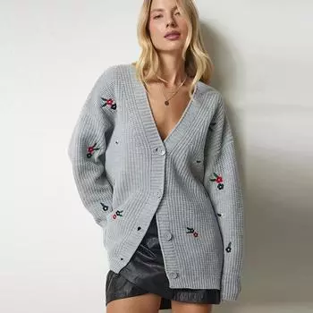 Осенне-зимний вязаный кардиган с длинным рукавом, женская куртка, винтажные свободные вышитые кардиганы, свитера с V-образным вырезом, повседневное теплое женское трикотажное пальто 24836 One Size серый