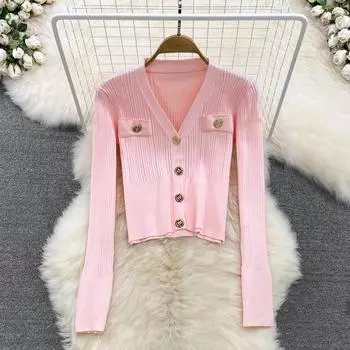 Осенне-зимний вязаный кардиган с длинными рукавами, женский свитер, пальто с v-образным вырезом, тонкий короткий однобортный топ