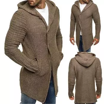 Осенне-зимний вязаный кардиган с капюшоном и длинными рукавами, средняя длинная куртка-свитер XL хаки