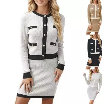 Осенне-зимний вязаный кардиган с карманами и пуговицами, маленький парфюмированный ветровой костюм в Европе и Соединенных Штатах, женская одежда L чёрный