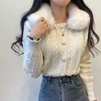 Осенне-зимний вязаный кардиган, свитер 2023, женское модное пальто с меховым воротником, короткий топ, винтажные толстые укороченные свитера 29234 One Size абрикосовый