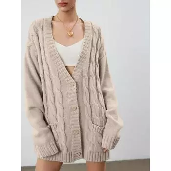 Осенне-зимний вязаный ленивый свободный джемпер средней длины с пуговицей Love S хаки