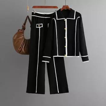 Осенне-зимний вязаный модный комплект Женский повседневный свитер с воротником поло Широкие брюки Комплект из двух предметов OneSize чёрный