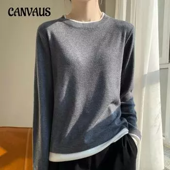 Осенне-зимний вязаный простой тонкий женский свитер с круглым вырезом с длинными рукавами и цветными блоками M серый