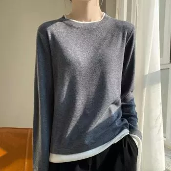 Осенне-зимний вязаный простой тонкий женский свитер с круглым вырезом с длинными рукавами и цветными блоками M серый