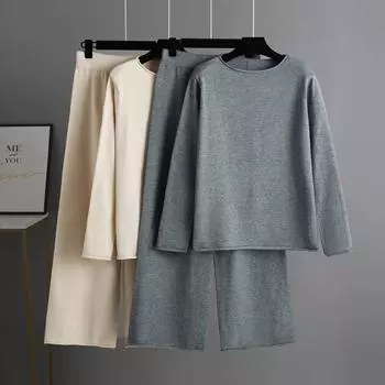 Осенне-зимний вязаный широкий брючный костюм женский однотонный комплект из двух предметов OneSize чёрный