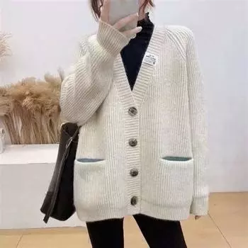 Осенне-зимний вязаный свитер, кардиган, повседневный женский корейский свободный свитер в западном стиле с воротником-сердечком, универсальный свитер, кардиган, пальто