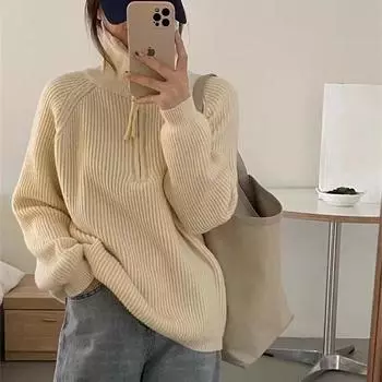 Осенне-зимний вязаный свитер повседневный женский полумолния с лацканами-стойками в полоску ленивый ветер свитер длинный рукав свободный женский свитер One Size