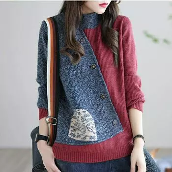 Осенне-зимний вязаный свитер-пуловер, женский, сшитый, с длинными рукавами, толстый верх, свободная ретро-блузка большого размера с полуводолазкой XS синий