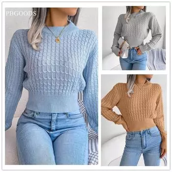 Осенне-зимний вязаный свитер с длинными рукавами и открытым пупком S хаки