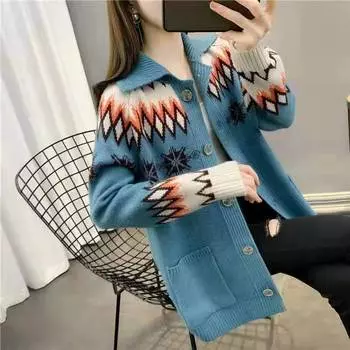 Осенне-зимний вязаный свитер с длинными рукавами и пряжкой для галстука-лацкана, винтажный кардиган с ромбовидным жаккардом, свободный свитер, женская куртка One size темно-синий