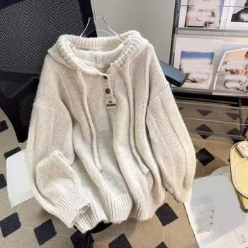 Осенне-зимний вязаный свитер с капюшоном для женщин с длинными рукавами, теплый свободный пуловер на пуговицах, однотонная толстовка XXXL абрикосовый