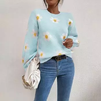 Осенне-зимний вязаный свитер с круглым вырезом, маленькая женская куртка с принтом ромашки M