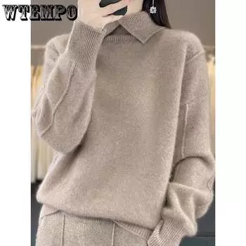 Осенне-зимний вязаный свитер с лацканами, ленивый, свободный, универсальный свитер-пуловер, вязаный базовый топ S верблюд