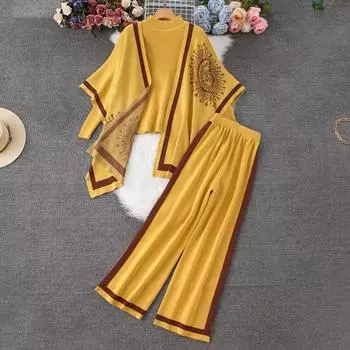 Осенне-зимний вязаный свитер с принтом, брюки, комплект из 3 предметов, женские шали, накидка и свитера с длинными рукавами, широкие брюки, спортивный костюм One Size синий