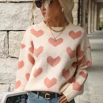 Осенне-зимний вязаный свитер с принтом «Любовь» для женщин, повседневный свитер с длинным рукавом, розовый пуловер, свитера для женщин, модный теплый трикотажный джемпер с круглым вырезом 24704 S розовый
