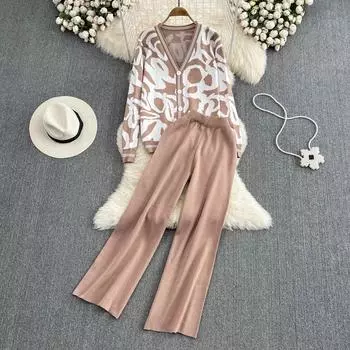 Осенне-зимний вязаный свитер с принтом, спортивный костюм, кардиганы с длинными рукавами, пальто, куртка и брюки до щиколотки, комплект из двух предметов One Size