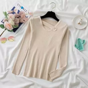 Осенне-зимний вязаный свитер с V-образным вырезом и длинным рукавом, женский модный однотонный облегающий базовый пуловер, свитера для женщин, элегантные повседневные джемперы, шикарный 25483 One Size чёрный