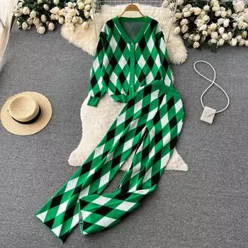 Осенне-зимний вязаный свитер в клетку с треугольным вырезом и ромбовидным вырезом, куртка-кардиган плюс повседневные прямые брюки, комплект из двух предметов One Size зелёный