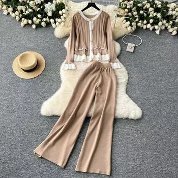 Осенне-зимний вязаный свитер, женский комплект из куртки с длинным рукавом и брюк длиной до щиколотки, спортивный костюм из двух частей One Size хаки