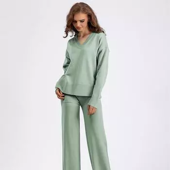 Осенне-зимний вязаный свитер, женский свободный джемпер с V-образным вырезом, брюки, комплекты из двух предметов One Size светло-зеленый