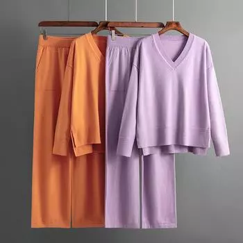 Осенне-зимний вязаный свитер, женский свободный джемпер с V-образным вырезом, брюки, комплекты из двух предметов OneSize чёрный