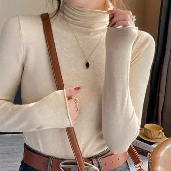 Осенне-зимний вязаный женский свитер, модный тонкий длинный рукав, ворсистый воротник, свитера женские, элегантный, облегающий, простой, однотонный, топ Kniwear 26049 One Size абрикосовый