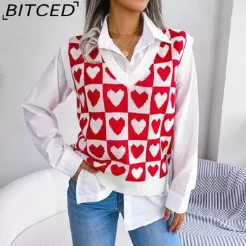 Осенне-зимний вязаный жилет BITCED для Европы и США, женский джемпер для колледжа Wind Love S красный