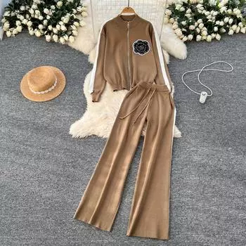 Осенне-зимний вышитый цветочный вязаный свитер, брюки, комплект из двух предметов, женская куртка на молнии, пальто и брюки длиной до щиколотки, спортивный костюм One size чёрный