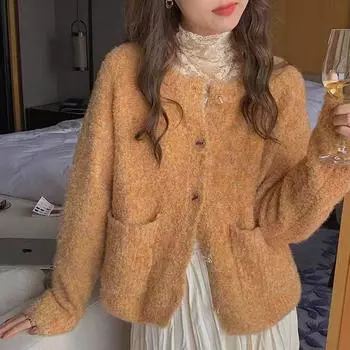 Осенне-зимний зарубежный свободный однобортный мягкий вязаный кардиган с длинными рукавами, свитер, женский кардиган