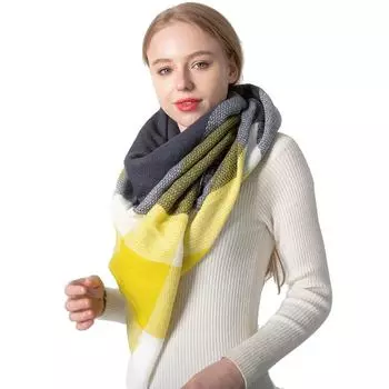 Осенне-зимний желто-серый кашемировый большой квадратный шарф в клетку, женский большой двусторонний шаль 0#
