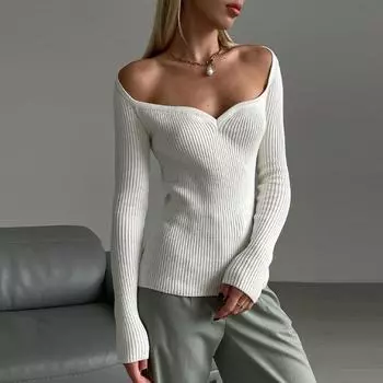 Осенне-зимний женский эластичный облегающий свитер с длинными рукавами и квадратным вырезом без бретелек, однотонный трикотажный низ рубашки, топы для женщин S белый