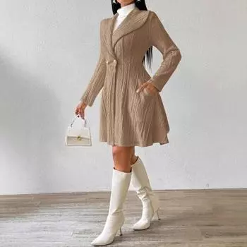 Осенне-зимний женский элегантный фактурный длинный свитер с пуговицами и длинными рукавами S хаки