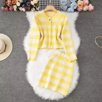 Осенне-зимний женский элегантный клетчатый вязаный свитер из двух предметов: однобортный пиджак, пальто и мини-юбка-футляр One Size синий