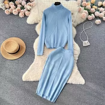 Осенне-зимний женский элегантный свитер с высоким воротом в сплошную полоску, трикотажный пуловер, топы + узкая юбка на резинке, шикарный костюм из двух частей One Size бежевый