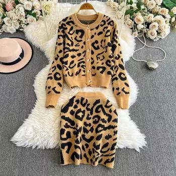 Осенне-зимний женский элегантный вязаный свитер с леопардовым принтом, комплект из двух предметов, однобортная куртка, пальто и облегающая юбка-футляр One Size хаки