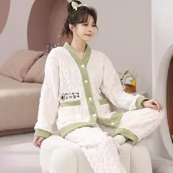 Осенне-зимний женский бархатный кардиган пижамный комплект флисовый теплый свободный топ и эластичные штаны пижама с V-образным вырезом домашний повседневный теплый шерстяной костюм женский M зелёный