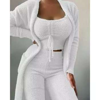 Осенне-зимний женский бархатный пижамный комплект из 3 предметов: укороченный топ + длинные брюки + пальто, теплая мягкая флисовая домашняя пижама 3XL белый