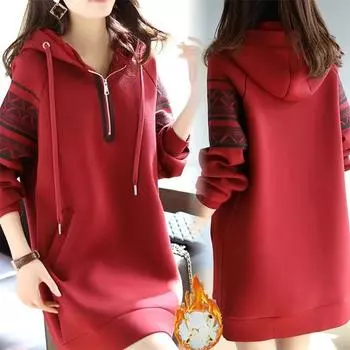 Осенне-зимний женский бархатный утолщенный теплый модный свитер средней длины с капюшоном свободное платье на молнии XXXXL красный