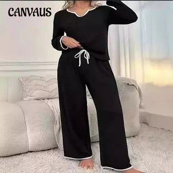 Осенне-зимний женский брючный костюм, однотонный, с V-образным вырезом, свободный, удобный, для отдыха, дома, с завязками на завязках S чёрный